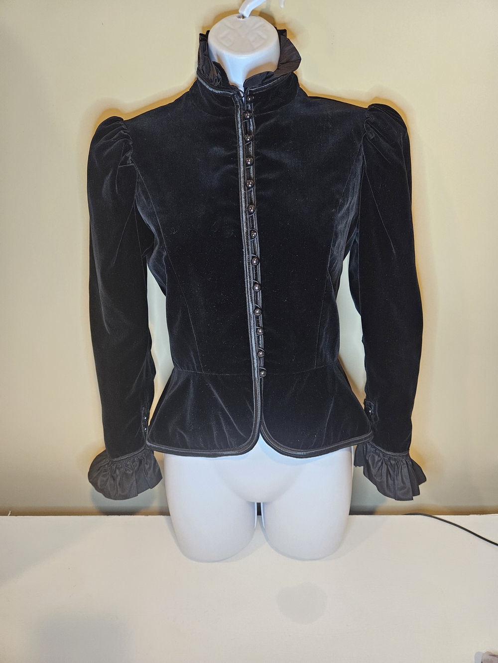 Saint Laurent Black Velvet Fitted Peplum Jacket with Ruffle Cuffs